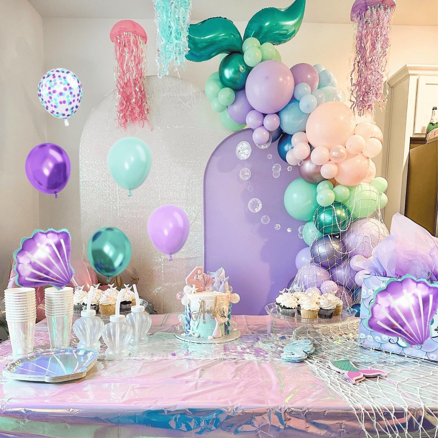 Mermaid Birthday Decoration for Girls,Metallic Purple Pink Green Blue Latex Balloons Seashell Foil Balloons Banner Cake Topper Mermaid Sea Decorations