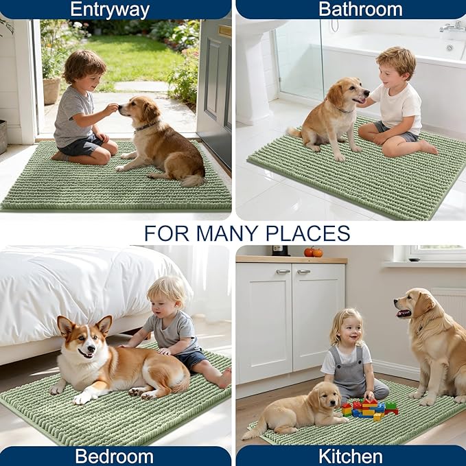 OLANLY Dog Door Mat for Muddy Paws 30x20, Ultra Absorbent Chenille Mud Doormat, Non-Slip Washable and Dirt Trapping Doormat for Indoor Entryway, Quick-Dry Indoor Pet Bed Mats for Dogs, Sage Green