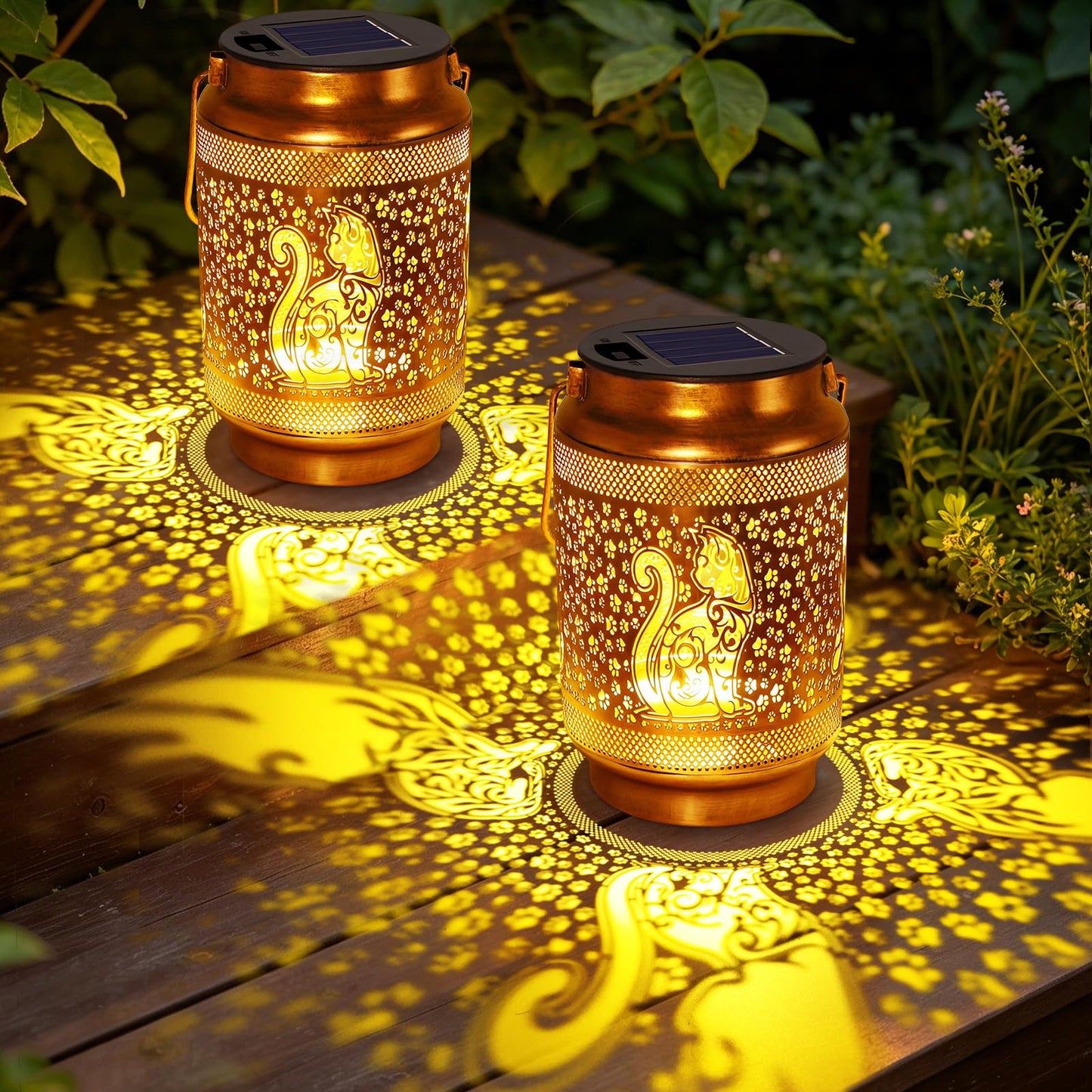 2 Pack Cat Solar Lanterns Outdoor Waterproof Garden Decor, Dragonfly Birthday Gifts for Christmas Women Mom Grandma, Metal Hanging Solar Lights for Outside Yard Patio Pathway Backyard Porch