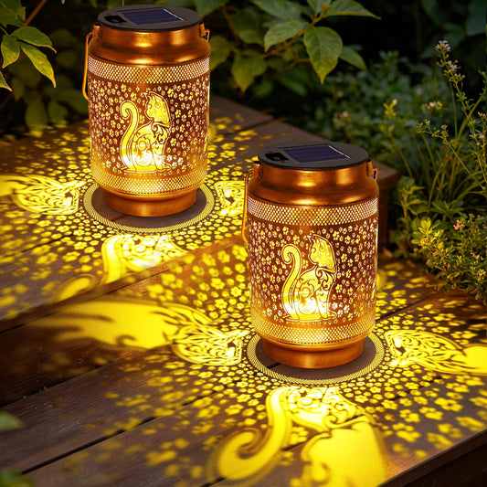 2 Pack Cat Solar Lanterns Outdoor Waterproof Garden Decor, Dragonfly Birthday Gifts for Christmas Women Mom Grandma, Metal Hanging Solar Lights for Outside Yard Patio Pathway Backyard Porch