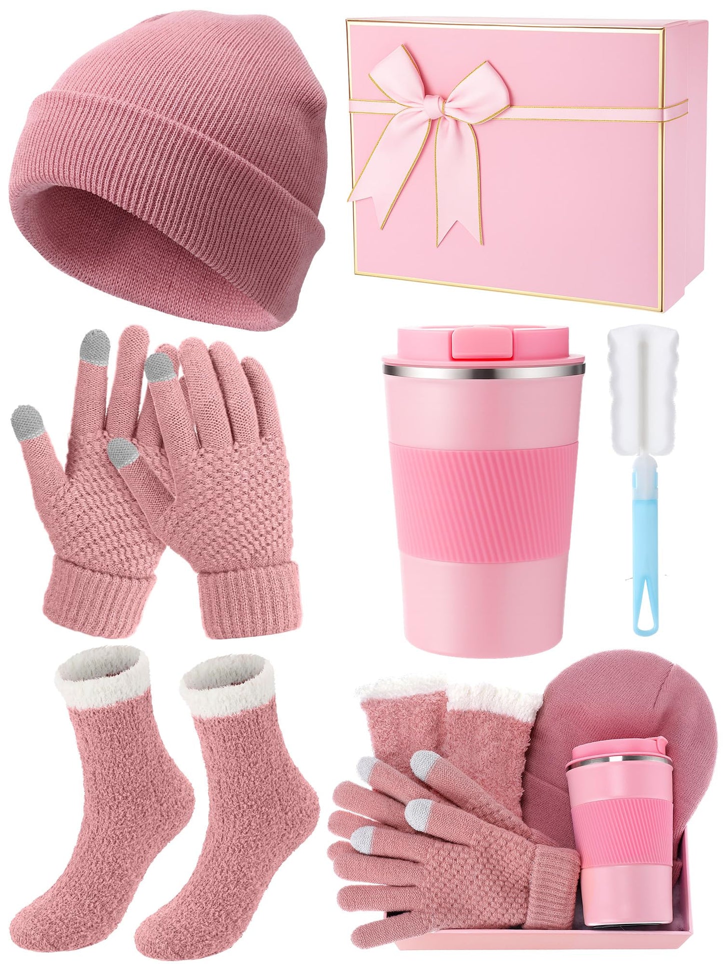Teenyyou 5 Pcs Winter Gift Set for Woman Hat Gloves Fuzzy Crew Socks 12 oz Coffee Mug Gift Box with Lids Christmas Women Gift(Pink)