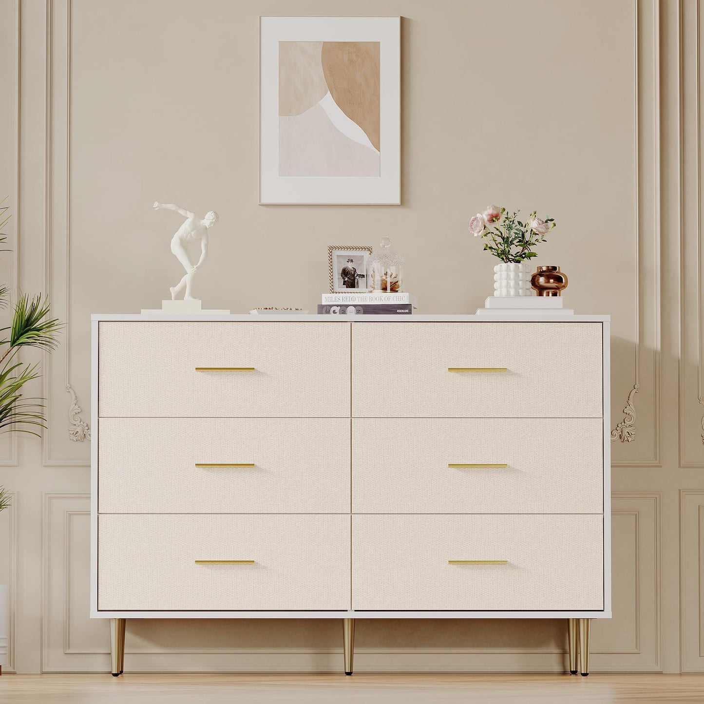 IDEALHOUSE 6 Drawer Dresser, Modern White Chest of Drawers with Gold Metal Legs and Handles, Large Wooden Dresser with Drawers, Storage Cabinet for Bedroom, Living Room, Entryway