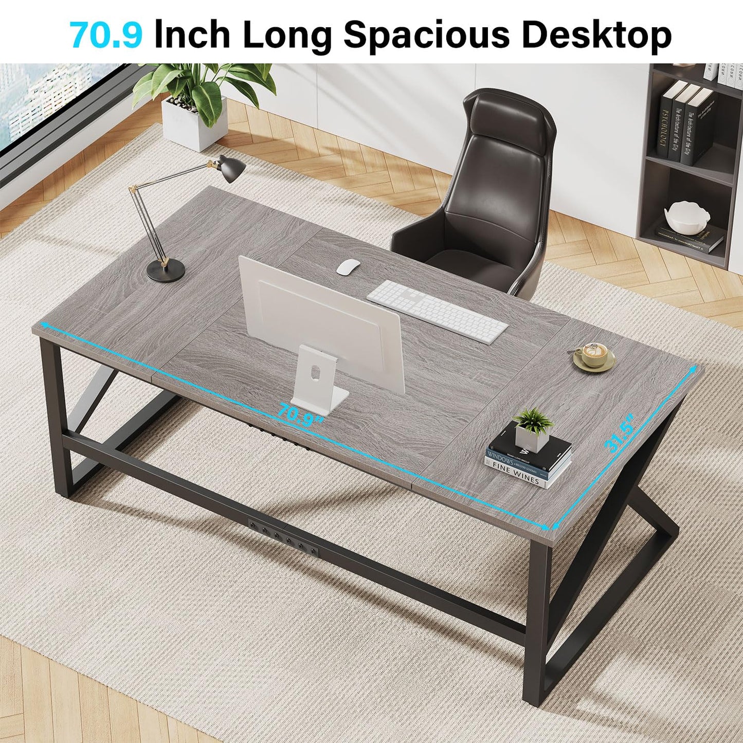 IBF 70 Inch Large Home Office Desk, Industrial Long Executive Work Writing Study Computer Table, Farmhouse Big Metal Wood Double Desk for Bedroom Living Room, Rustic Dual Monitor Desk, Light Grey