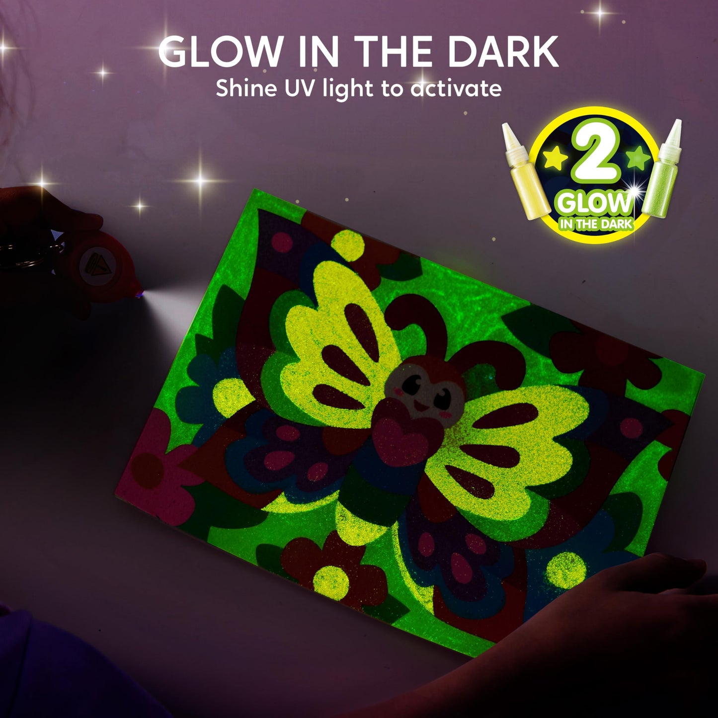 JOVA Klever Kits Glow Sand Art Kits for Kids, Glow in The Dark Sand Painting with 14 Colors, Kids Crafts, 6 Fantasy Templates & 4 DIY Sheets, Mess Free Arts and Crafts, Gifts for Girls Ages 5+