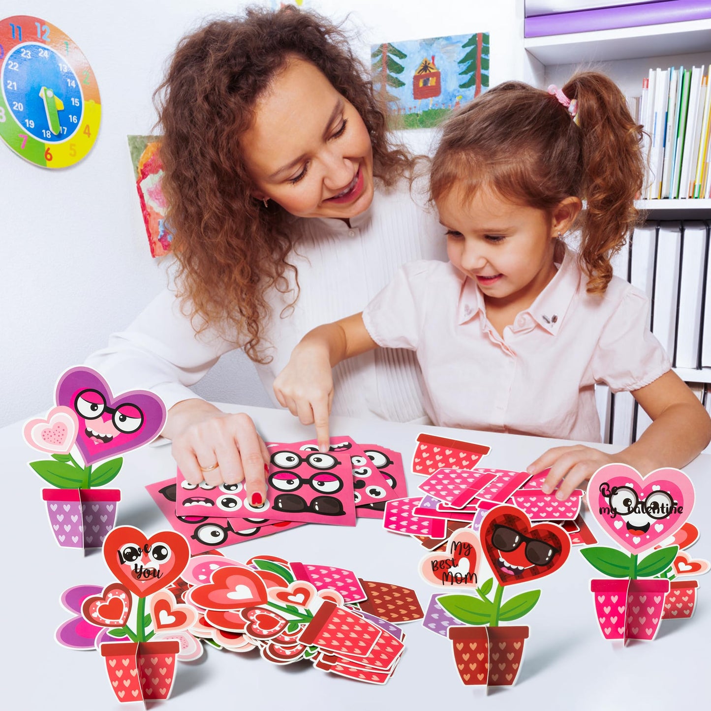 WATINC Valentine‘s Day Flower Craft Kit - 32PCS Make Your Own Heart Flowers Pot Decorations, DIY Valentine Paper Art Supplies with Stickers for Kids Adults, Homeschool Classroom Party Activities Gifts