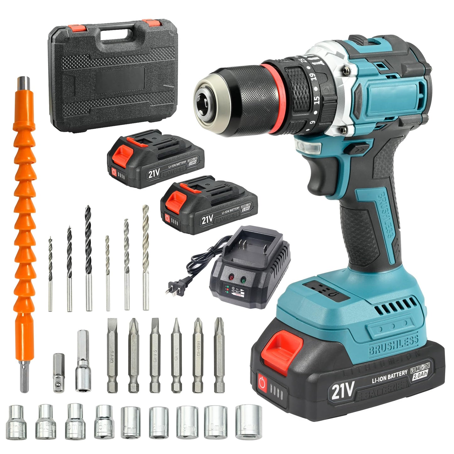 21V Max Brushless Cordless Drill Set, 1/2" Metal Chuck Impact Drill with 2x 2.0Ah Batteries & Fast Charger, 550 In-lbs Max Torque, 35+3 Torque Setting, 2-Speed Hammer Drill for Home Projects
