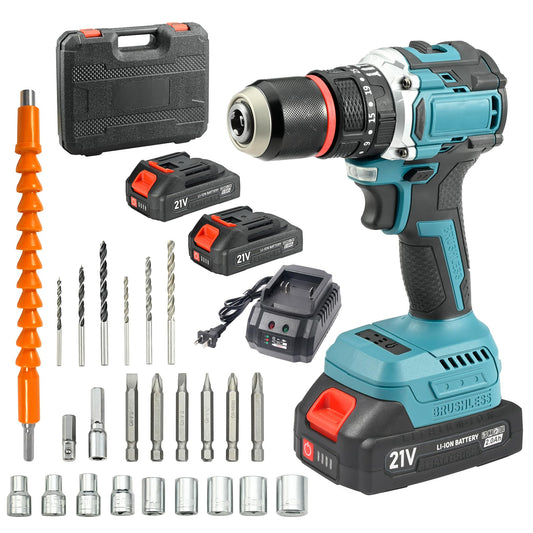 21V Max Brushless Cordless Drill Set, 1/2" Metal Chuck Impact Drill with 2x 2.0Ah Batteries & Fast Charger, 550 In-lbs Max Torque, 35+3 Torque Setting, 2-Speed Hammer Drill for Home Projects
