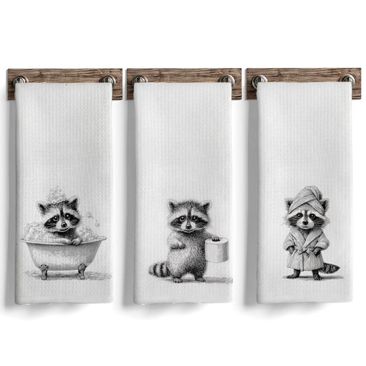 AEREYGBJYJ Funny Racoon Bathroom Hand Towels, Raccoon Bathroom Decor, Black and White Trash Panda Wild Animal Decorative Hand Towels for Kids Bathroom Washroom Restroom, 16x24 inch Set of 3