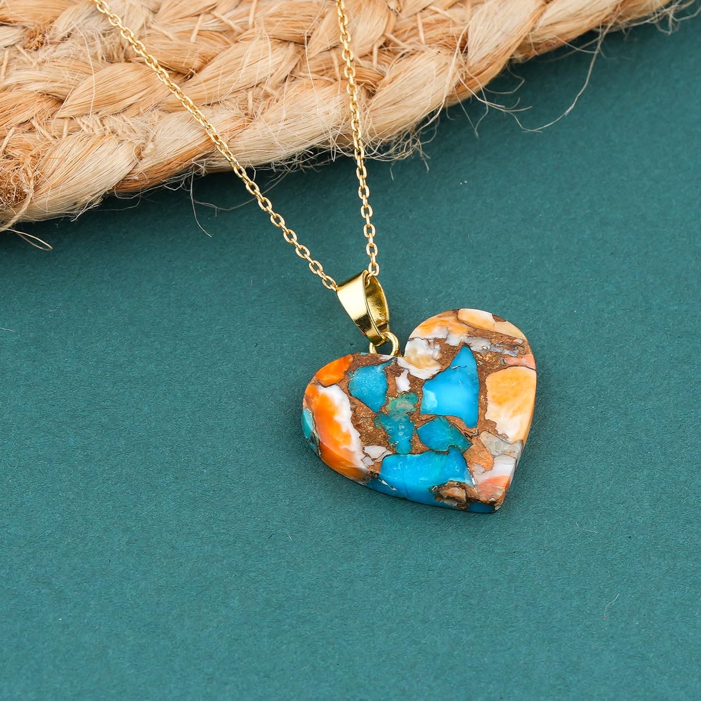 Yashee Natural Oyster Turquoise Heart Shape Crystals Pendant Necklace, Chakra Energy Healing Gemstone, Real Crystal, Top Grade, Beautiful Women Simple Jewelry, Dainty Gold Plated Jewelry 18 inch
