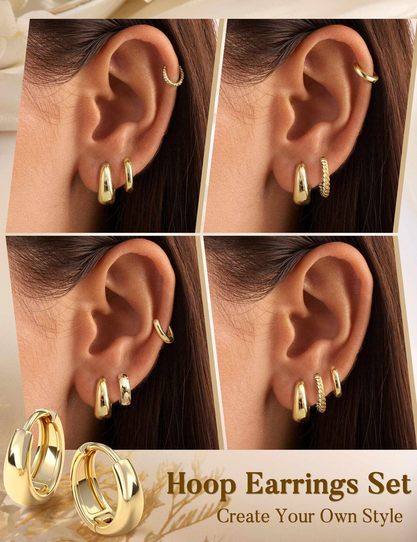 Jstyle Small Gold Hoop Earrings for Women Trendy 14K Gold Plated Huggie Earring Stacks Hypoallergenic Huggie Earrings Set Dainty Chunky Cartilage Earring Sets for Multiple Piercing Jewelry Gift