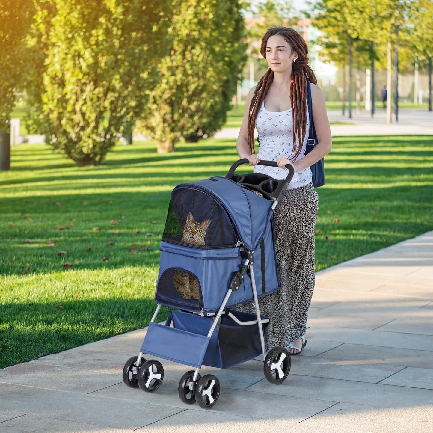 LEMY Pet Stroller,4 Wheels Dog Cat Stroller with Storage Basket&Cup Holder,Folding Dog Cat Cage Jogger Strollers for Small Medium Dogs Cats Travel,Navy Blue