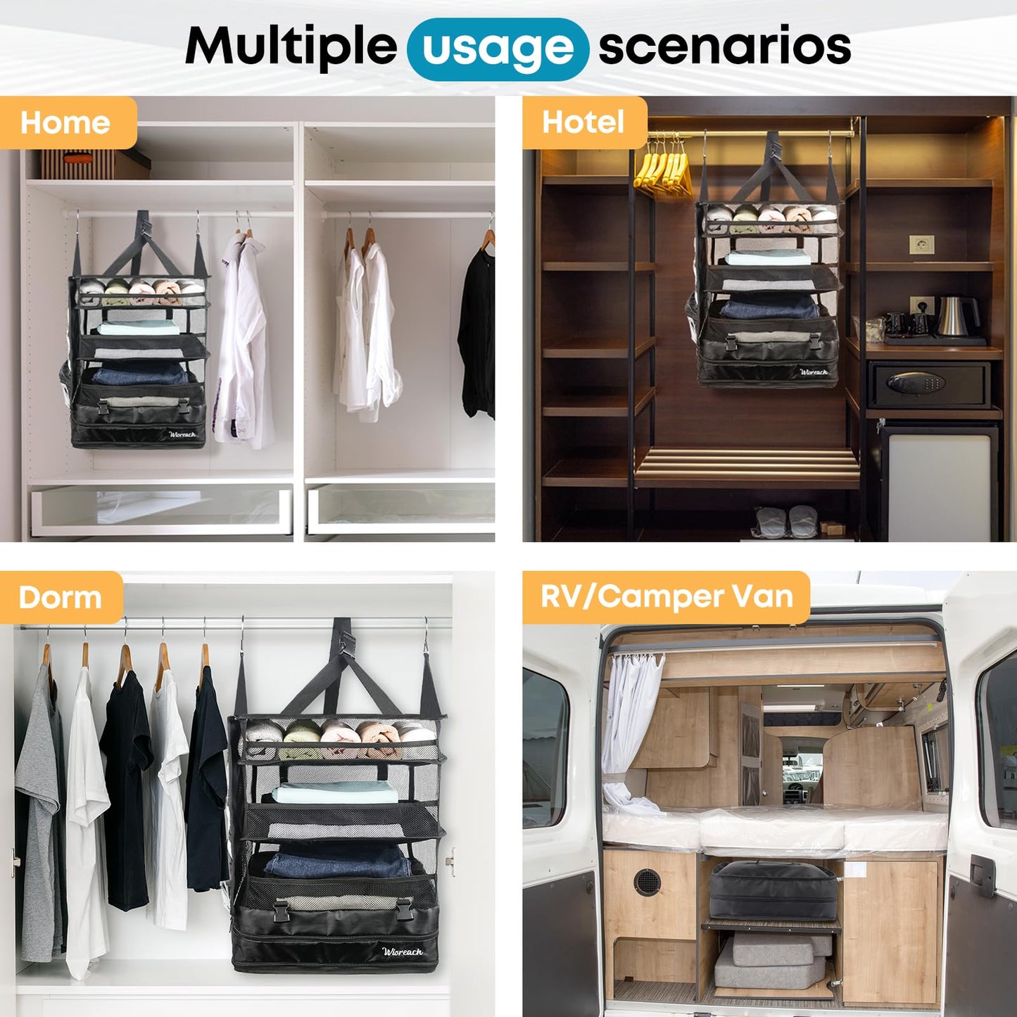 Wisreach Hanging Suitcase Organizer & Travel Shelves, Packing Cubes for Travel, Suitcase Organizer for Carry-on Luggage, Easy Packing & Wrinkle-Free Clothes, Black (Fits Most Travel Bags)