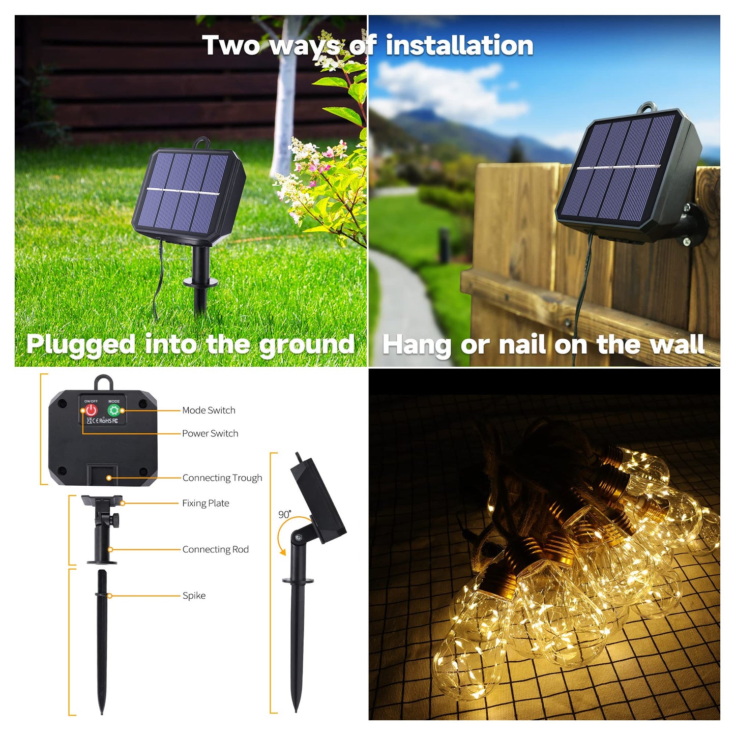 Solar Outdoor String Lights, 2 Pack 20Ft Vintage Rope Hemp Solar Patio Lights, Waterproof Warm White Solar Powered String Lights With 8 Modes 16 Shatterproof Bulbs for Fence Stairs Balcony Café Bistro