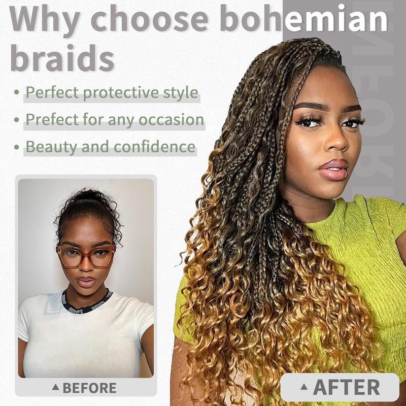 24 Inch Goddess Box Braids Crochet Hair 7 Packs Boho Braids Pre Looped Crochet Braids With Curly Ends Synthetic Bohemian Crochet Braiding Hair for Women, 1B/30/27