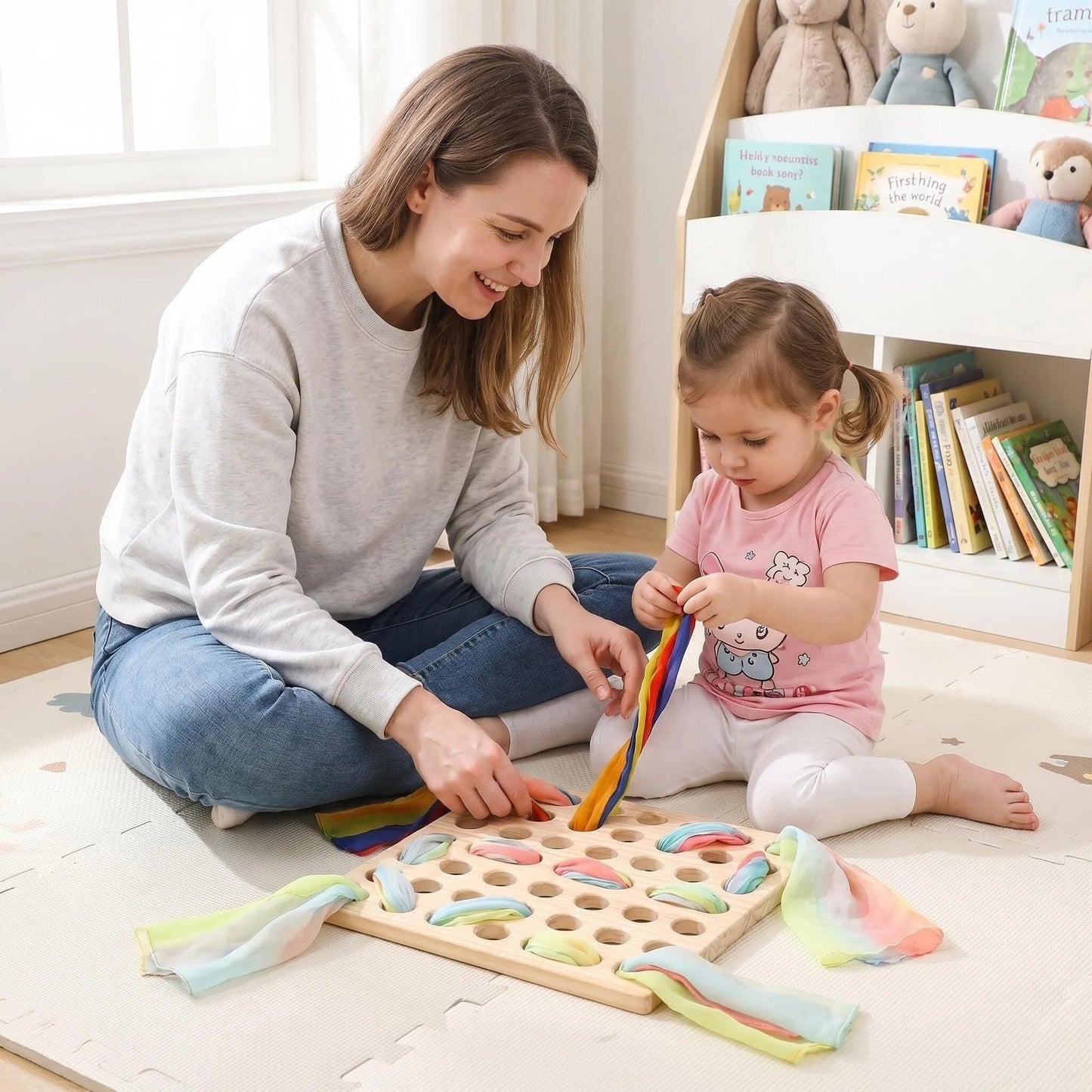 Eray Wooden Lacing Toys Open Ended Busy Board with Play Silks Weaving Board Montessori Gifts Loose Parts Play Materials for Kids