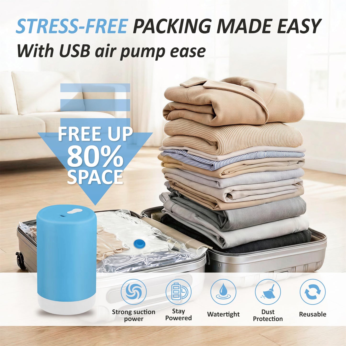 Cozy Essential Travel Vacuum Storage Bags with Rechargeable Cordless USB Pump, Space Saver Bags for Luggage, Suitcase, Carry-On, for Clothes, Blankets, Bedding & Seasonal Storage,12 Combo