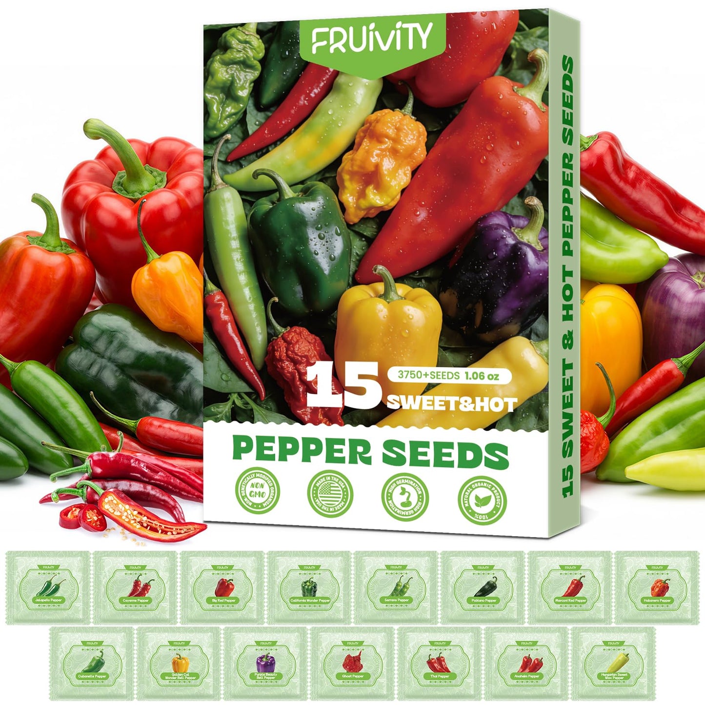 15 Sweet & Hot Peppers Seeds Variety Pack Jalapeño, Serrano, Cayenne, Bell, Habanero, Cubanelle, Big Red & More Hot & Sweet Heirloom Peppers Collection Survival Garden Seeds