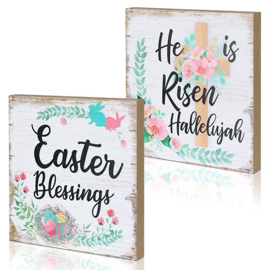 2 Pieces Farmhouse Easter Table Decoration Signs Wood Religious He Is Risen Centerpieces Flower Hallelujah Rustic Christian Jesus Block Signs Easter Decorations for Home Mantel Shelf Office Desk Decor