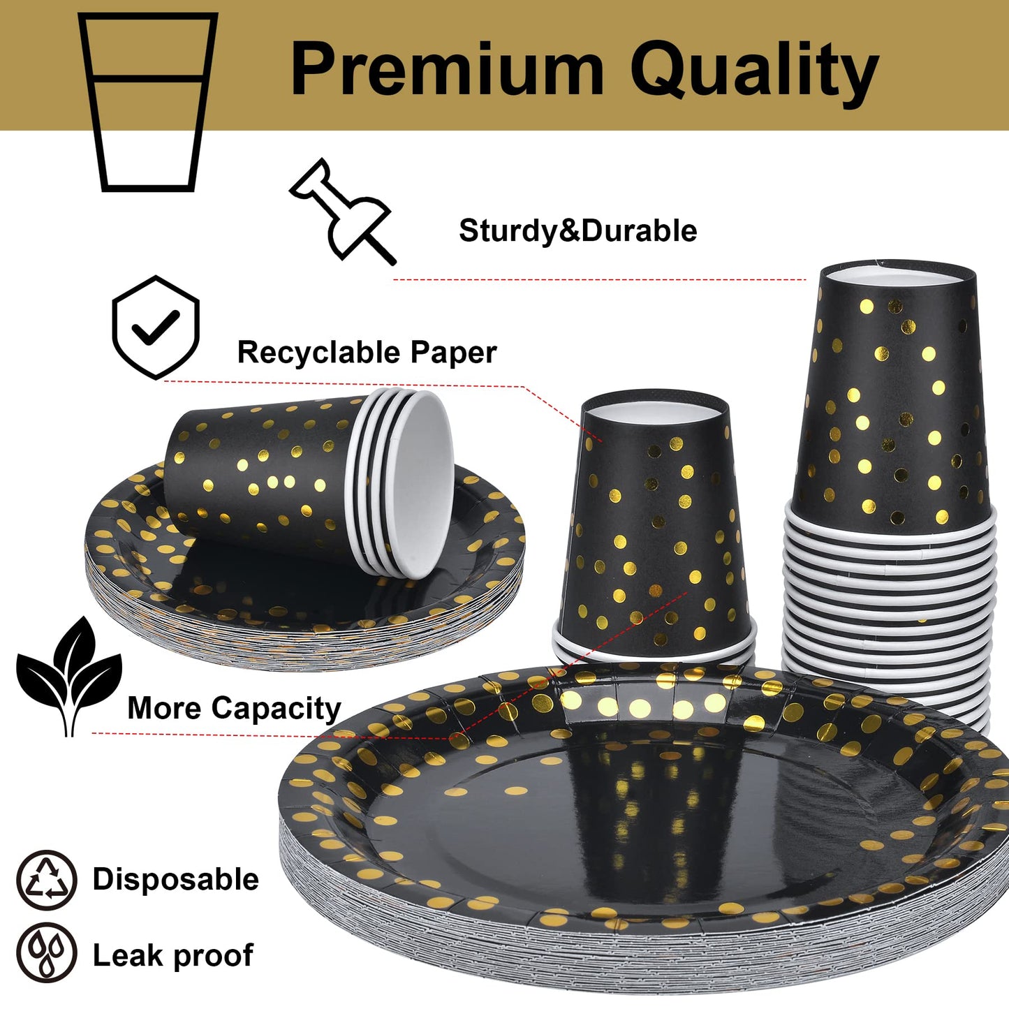 202pcs Eco-Friendly Disposable Black and Gold Paper Plates Supplies Bulk Dinnerware Decorations for Party Wedding Birthday Dinner Dessert (25 Guest)