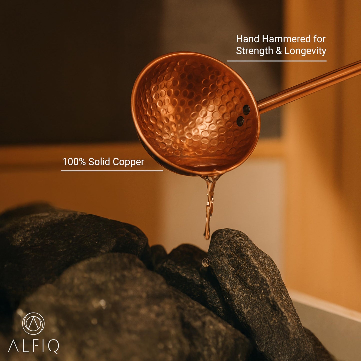 ALFIQ Hammered Copper Sauna Bucket & Ladle Set - Handcrafted Pure Copper Turkish Hammam Spa Accessory, Traditional Sauna Water Bucket with Wooden Handle, Polished Finish, Durable Artisan Design