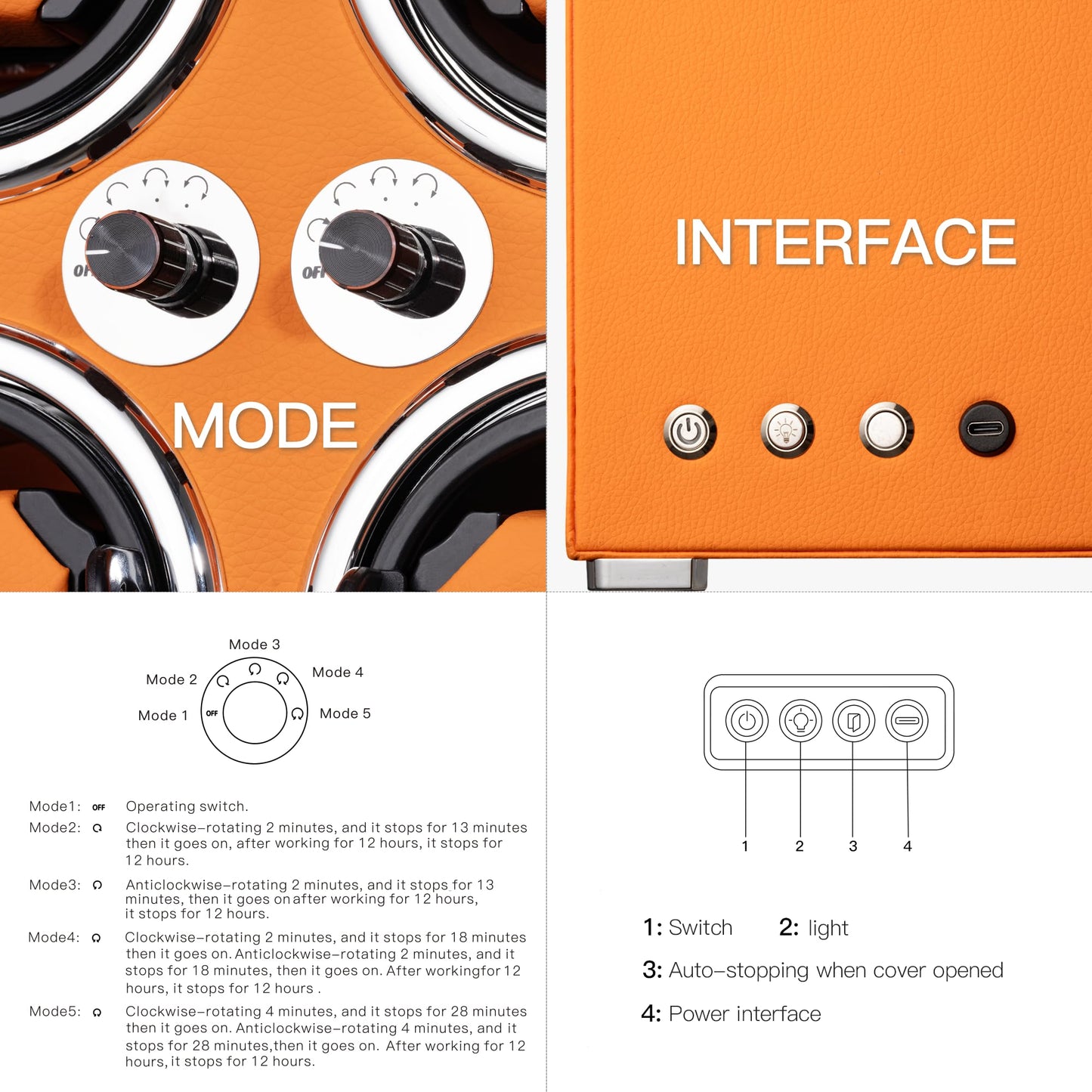 KOHUDIS Watch Winder for 2/4/6/9 Automatic Watches, high-end Leather Making, Super Quiet Mabuchi Motor, Two Power Modes, Built-in led Lights (Apricot, 4 Slots)