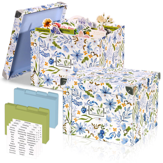 2 Pack Greeting Card Storage Box Collapsible Card Organizer with 16 Dividers and Sticker Greeting Card Keeper for Holiday Birthday Photos Recipes Envelopes Large Cards Crafts Scrapbooking