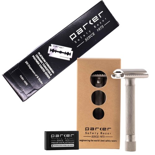 The Parker Variant ADJUSTABLE Double Edge Safety Razor and 105 Blades Included (SATIN CHROME)