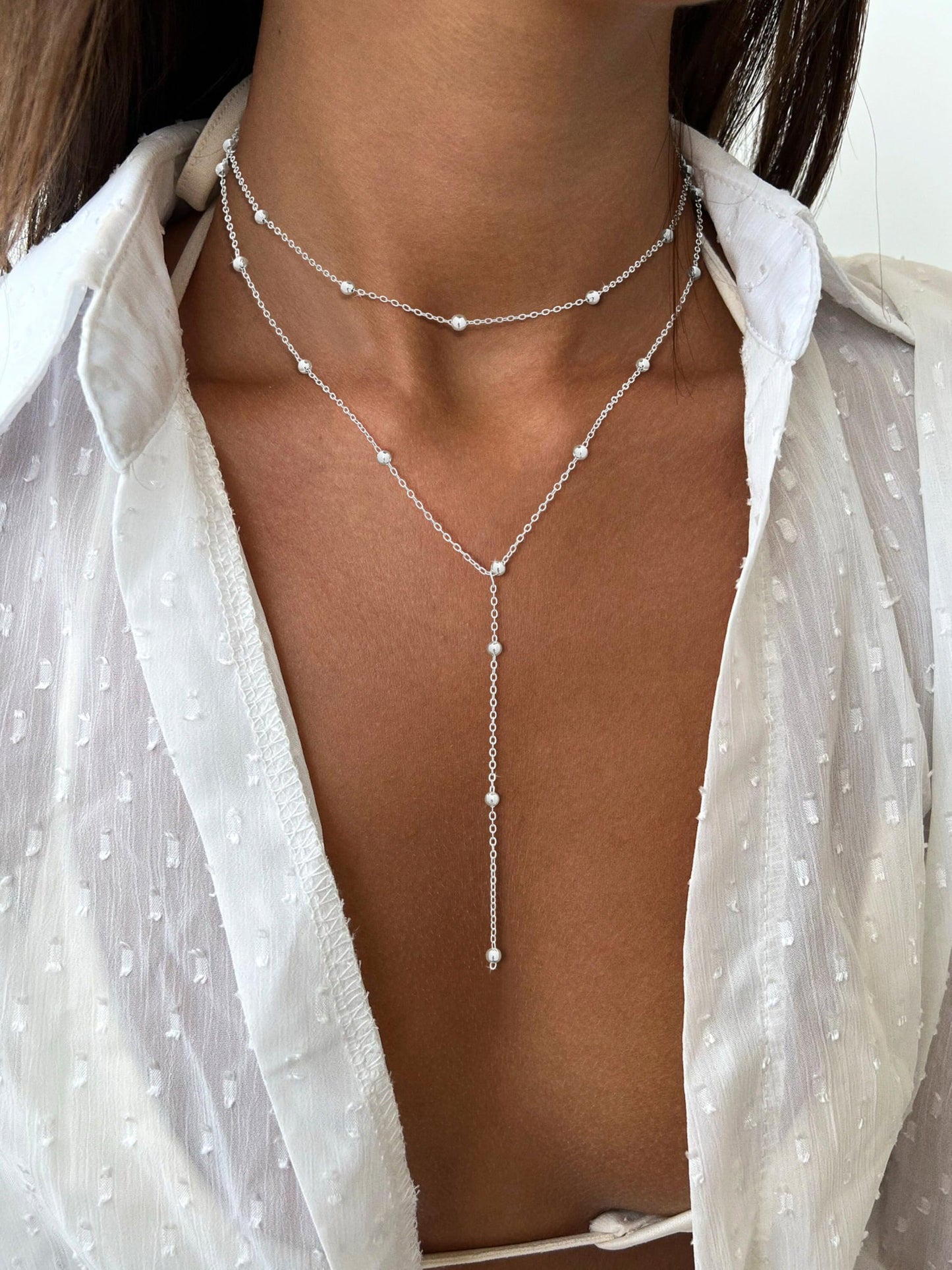 JIKASI Lariat Silver Necklaces for Women Trendy Dainty Long Necklace Sterling Silver Plated Drop Rosary Beaded Chain Necklaces Y Layered Pendant Necklace Simple Gold Statement Jewelry Gifts