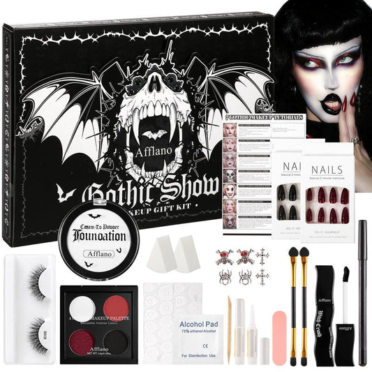 Goth Makeup Kit – Complete Gothic Make up Set for Vampire, Witch, Clown, Emo, Grunge, Theater, Halloween SFX with White Foundation, Red Eyeshadow Palette, Black Lipstick, Eyelashes, Eyeliner, Nails