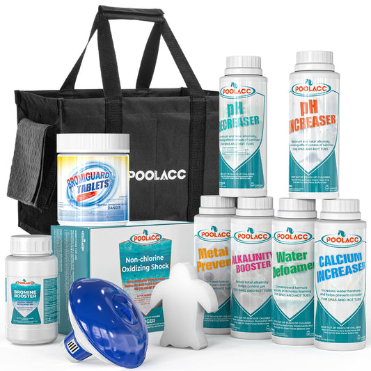 Poolacc Bromine Hot Tub Starter Kit: Includes Extra-Capacity Chemicals, 50 Test Strips, Dispenser & Accessories | All-in-One Spa Maintenance Set