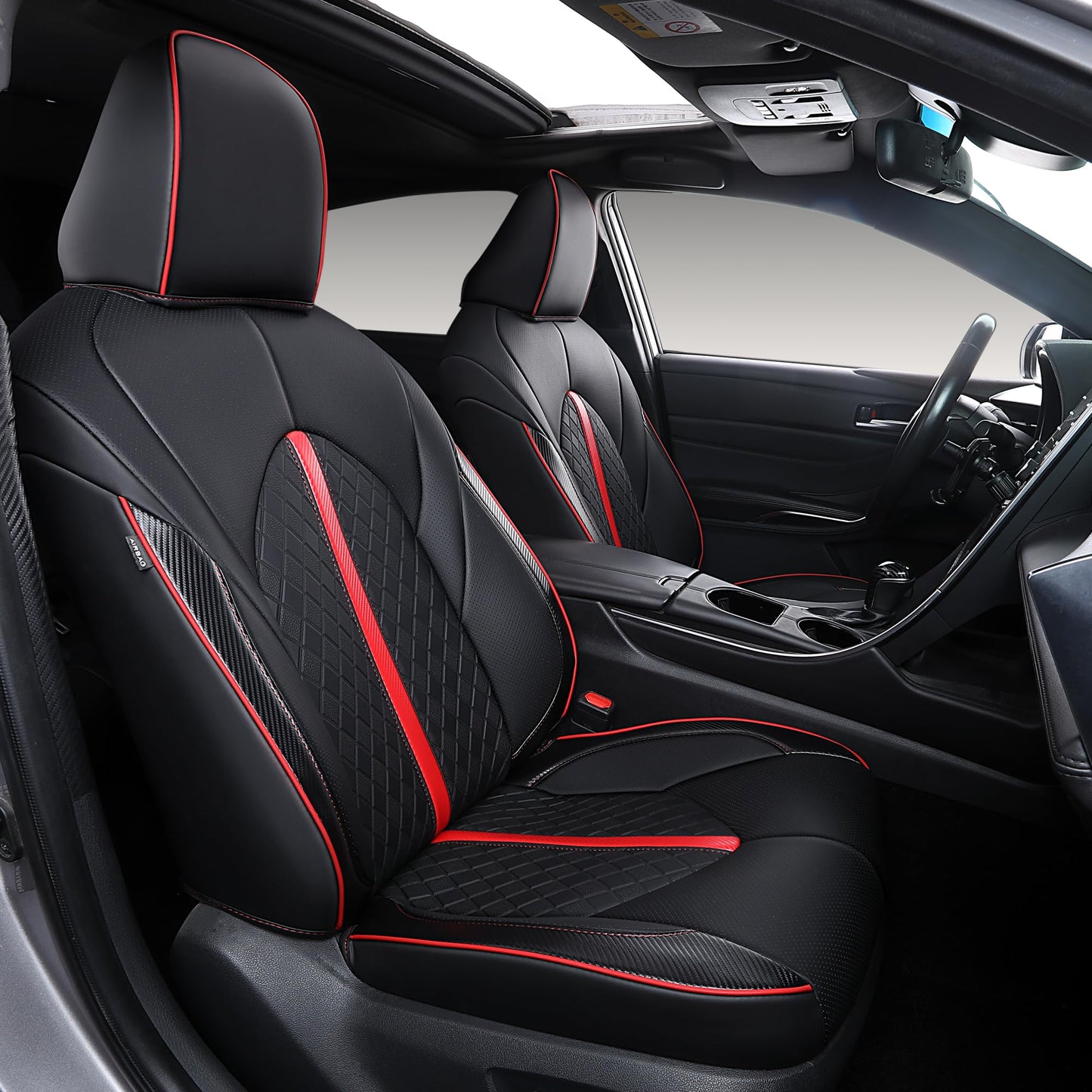 OURPLOT Custom Fit Camry Seat Covers for 2018-2024 Toyota Camry Hybrid LE SE, Waterproof Faux Leather Full Coverage Car Seat Protectors Full Set (Black+Red)