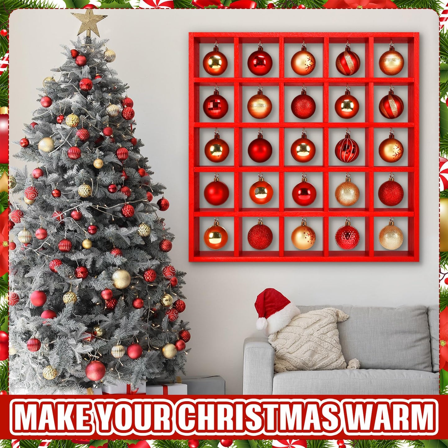 Cinnvoice Christmas Holiday Ornament Displays Rack Wooden Hanging Stand Holder Hanger for Christmas Ball Display Shelf Cabinet for Craft DIY Wall Decorations Gift (Red,25 Compartment)