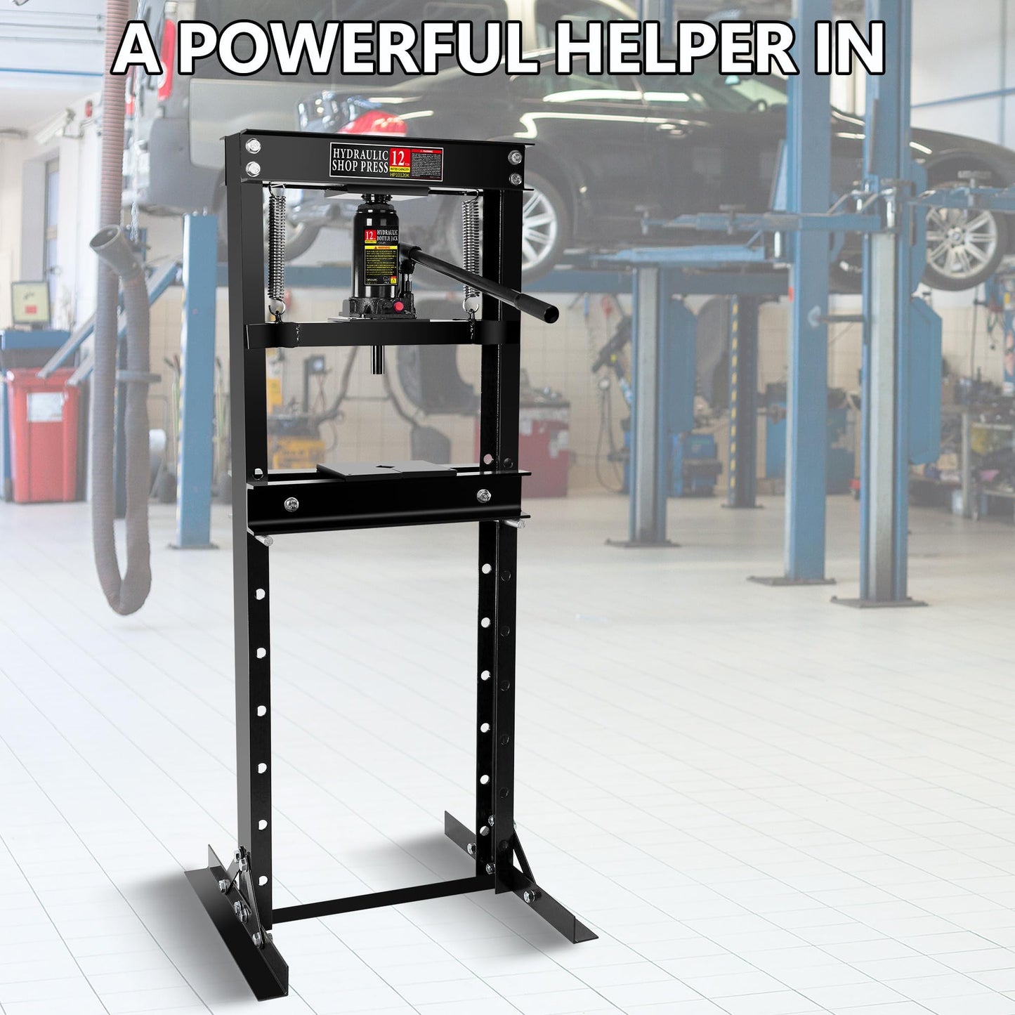 GarveeTech 12 Ton Shop Press, H-Frame Garage Floor Adjustable Hydraulic Shop Press with Stamping Plates to Bend, Straighten, Or Press Parts, Install Bearings & U-Joints