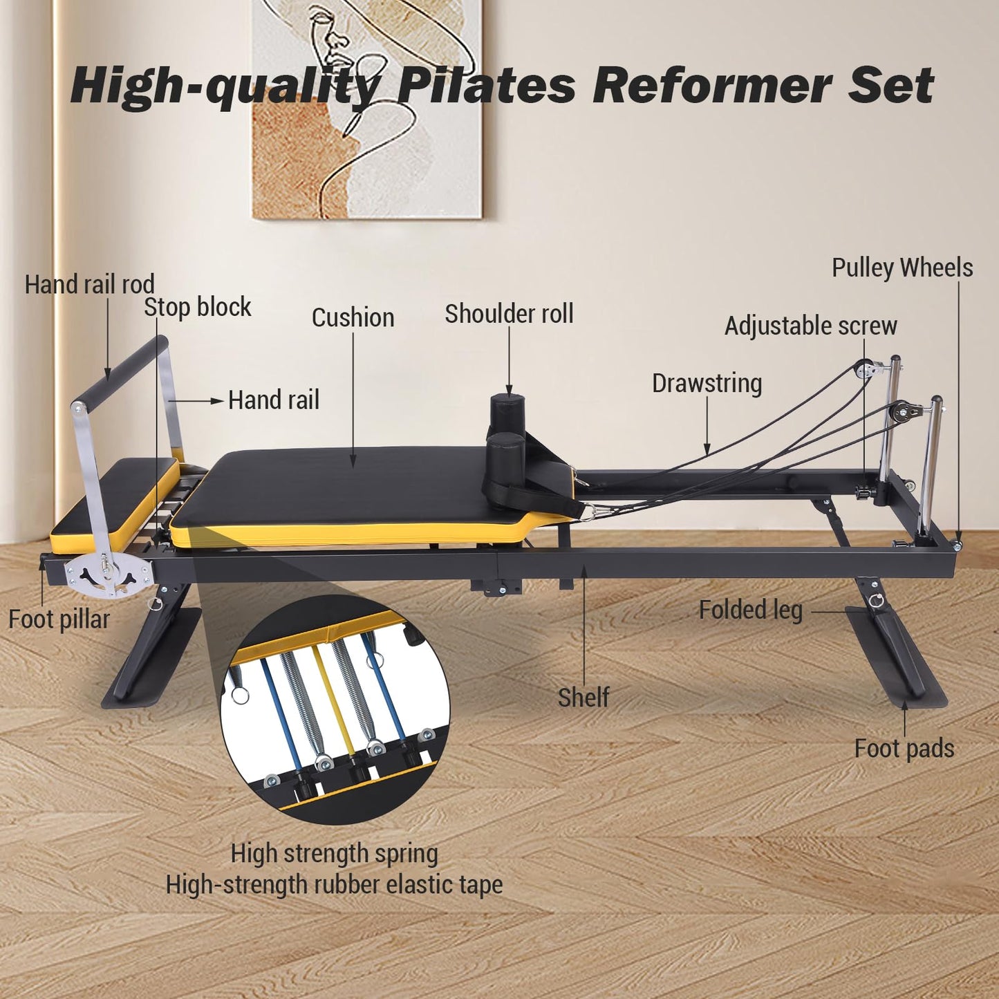 Pro Pilates Reformer,Foldable Pilates Machine for Home Gym Workout,Home Pilates Equipment with Dual Resistance- Springs and Cords,Pilates Machine for Advanced,Beginners(Black & Yellow