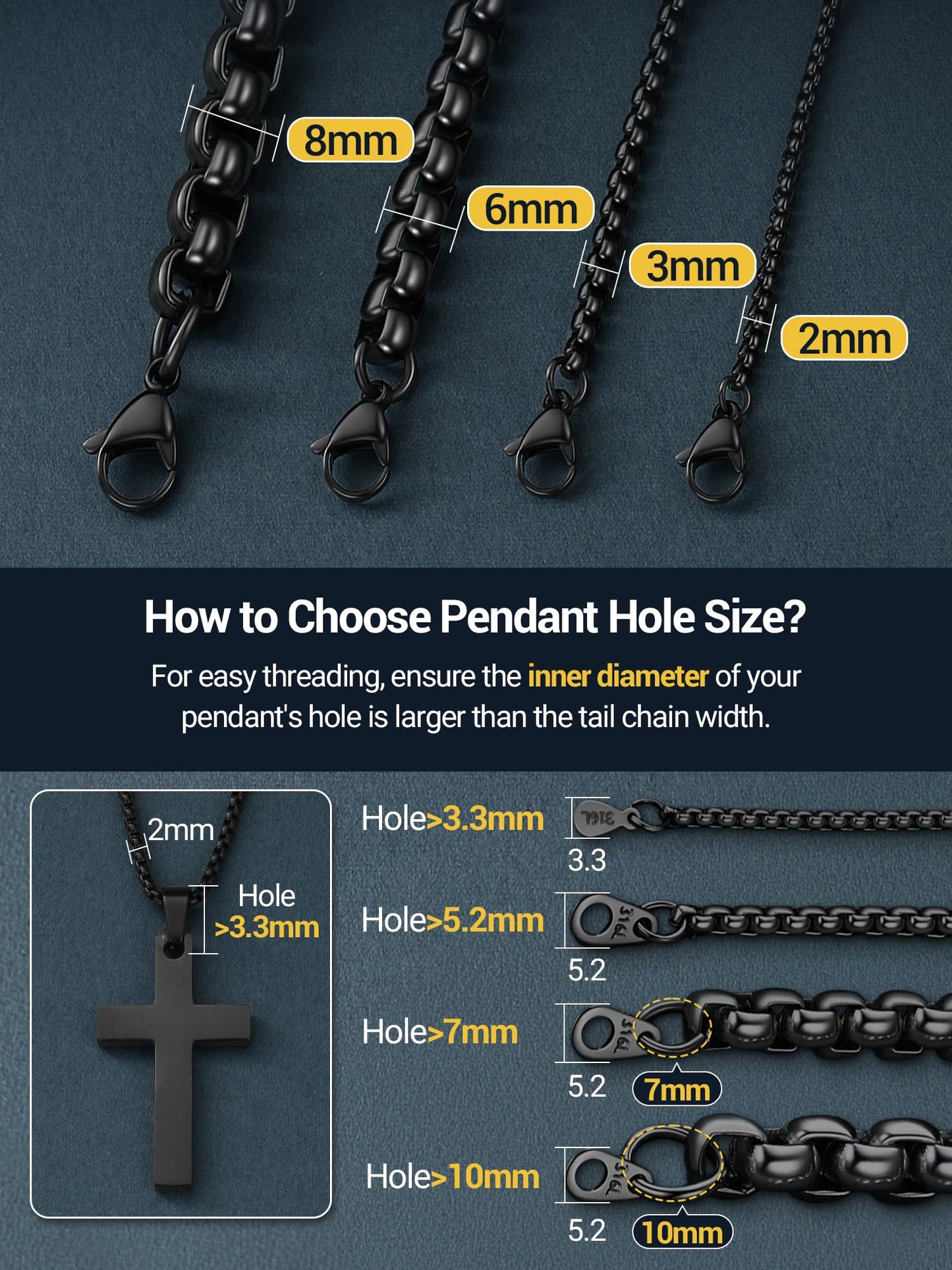 PROSTEEL Mens Chain Necklace, Squre Rolo Link Chains Black Chunky Stainless Steel Necklace 8mm Waterproof & Durable Men and Women Jewelry with Gift Box 18in