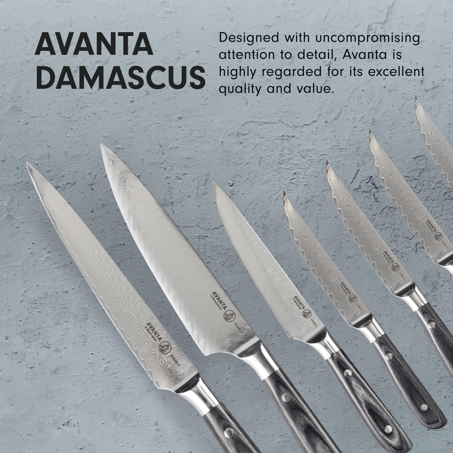 Messermeister Avanta Damascus 10-Piece Ebony Pakkawood Knife Block Set - Japanese Damascus Stainless Steel - 4 Speciality Knives, Heavy-Weight Fork, 4 Steak Knives & Magnetic Knife Block
