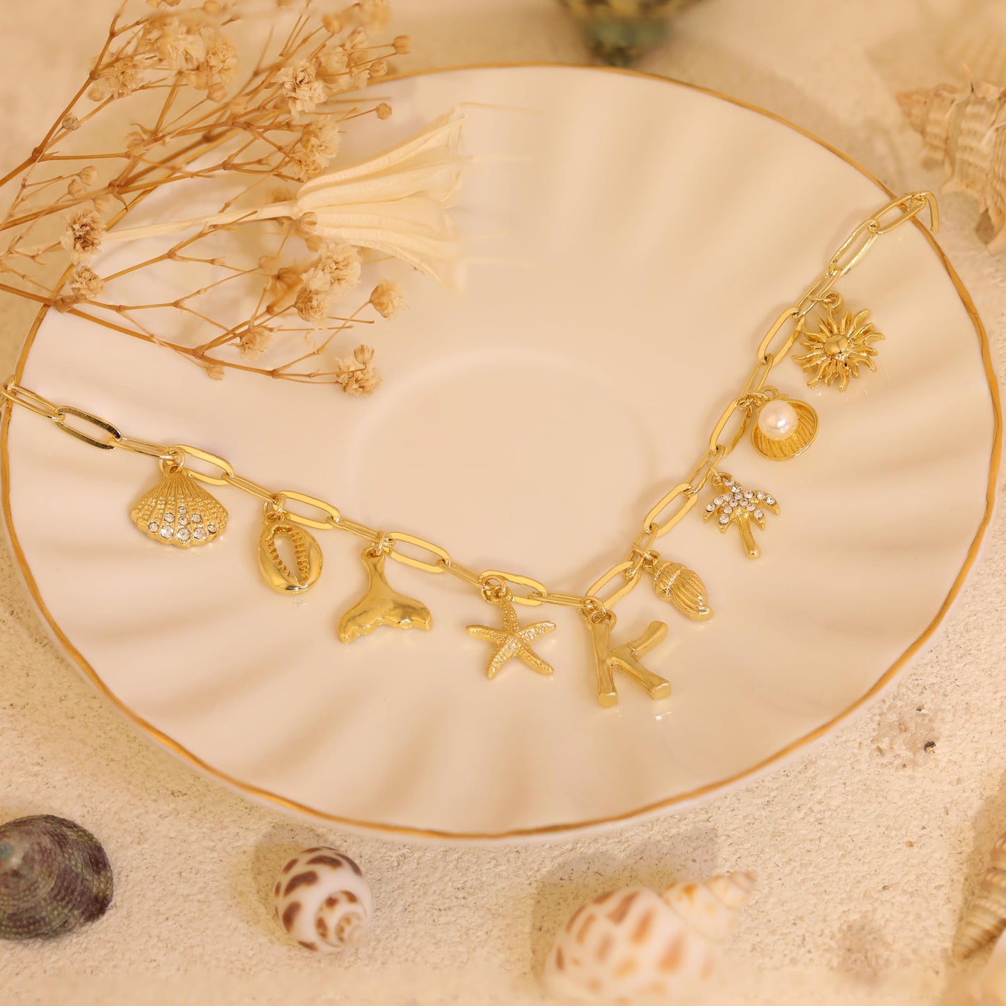 JALZEMPL Initial Charm Necklaces For Women Shell Letter Paperclip Chain Seashell Starfish Beach Summer Pendant Boho Surfer 14K Gold Plated Jewelry Gift (K)
