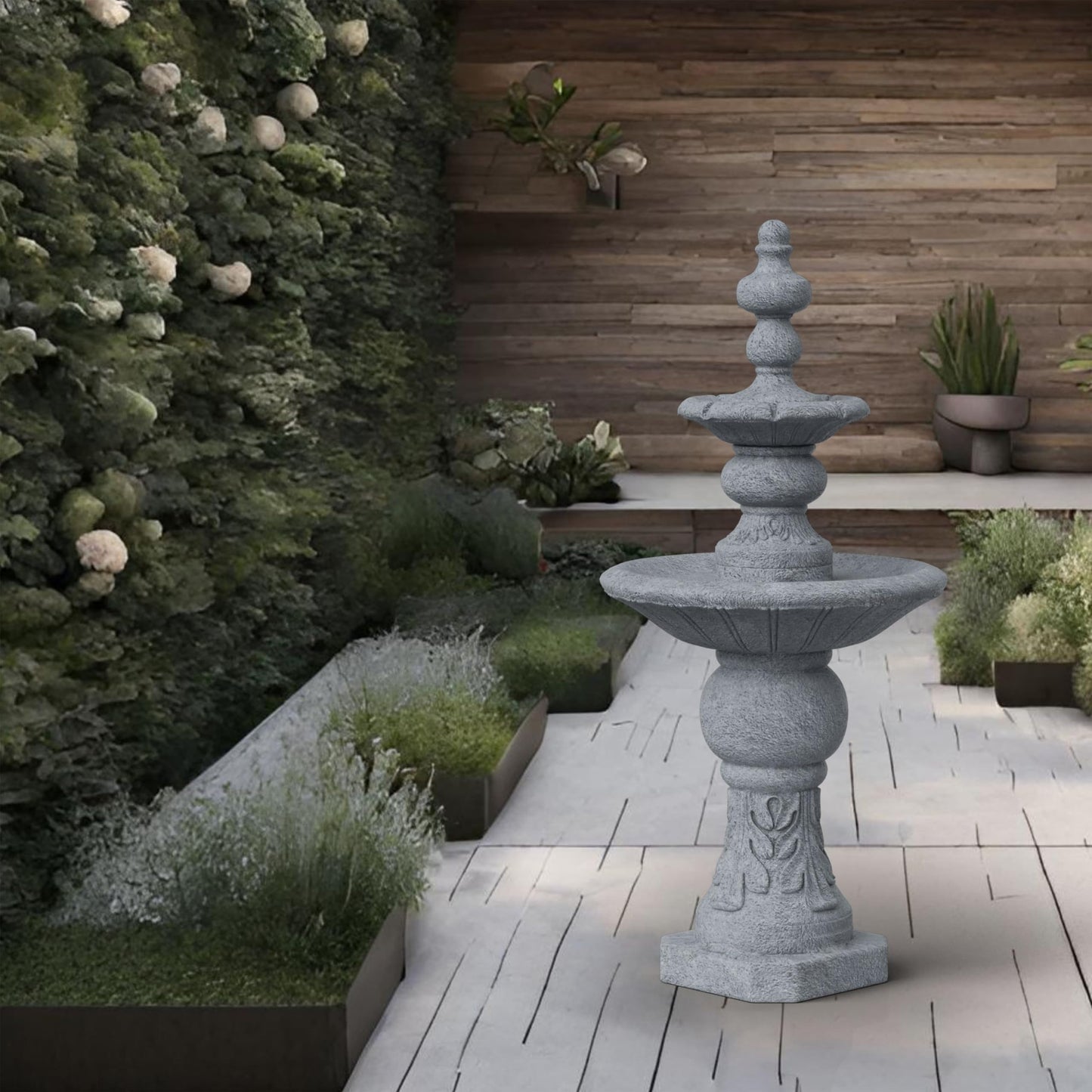 Teamson Home 52.56 in. Outdoor Two-Tier Water Fountain with Realistic ICY Stone Texture for Outdoor Living Spaces Creating a Calming Oasis for Gardens, Landscaping, Patios, Balconies, Lawns, Gray