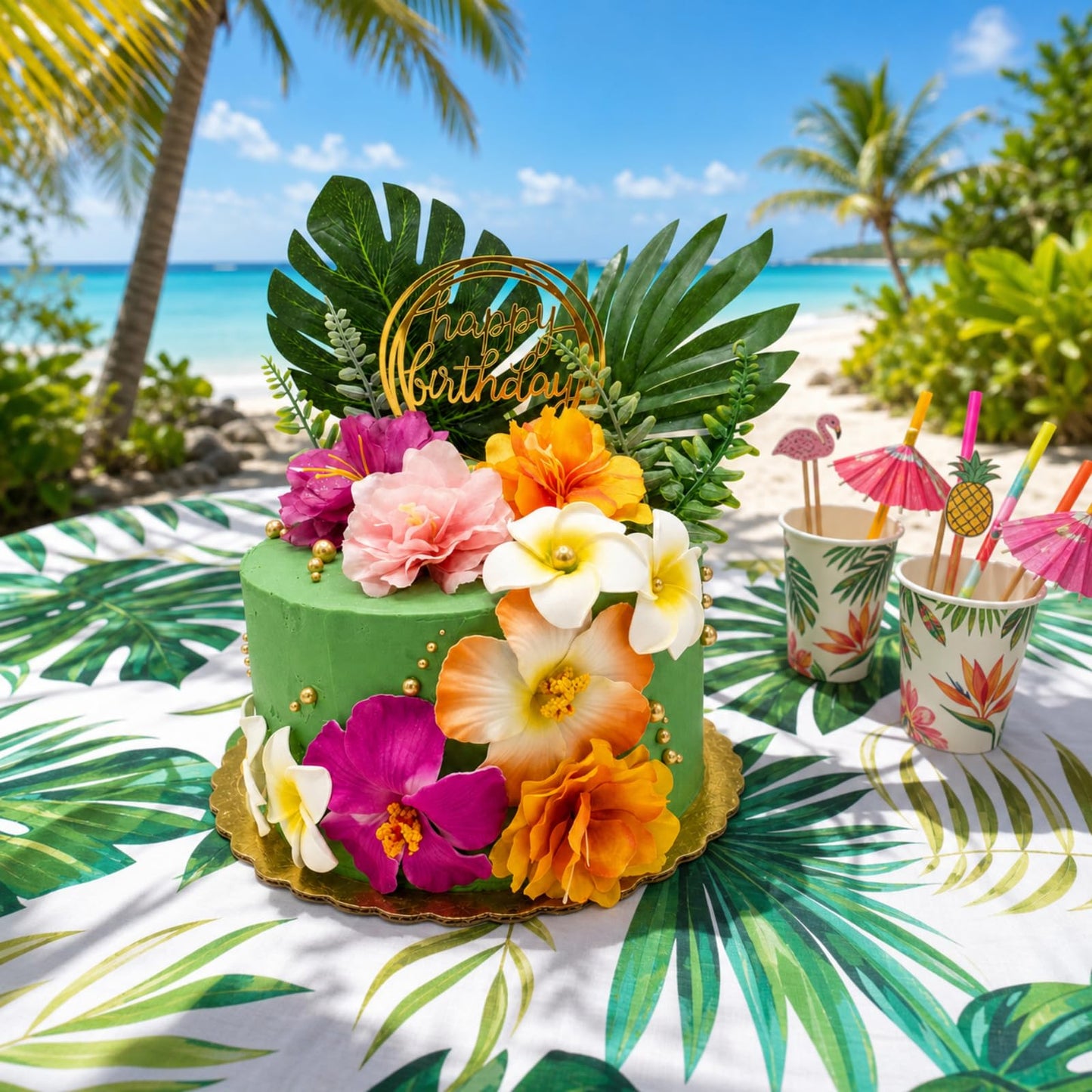 18Pcs Hawaiian Flowers Cake Decorations, Tropical Luau Cake Toppers with Hibiscus and Palm Leaves, Summer Cupcake Toppers, Non-Edible Aloha Beach Party Supplies for Birthday Celebration