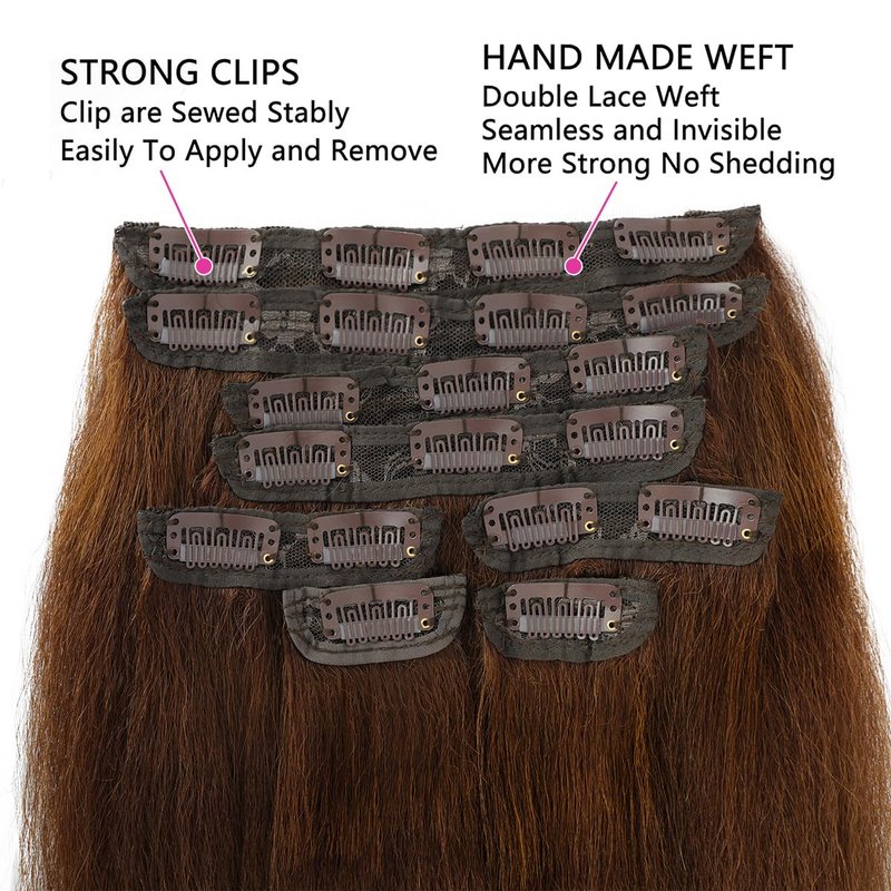 Brown Kinky Straight Clip ins 14 Inch Kinky Straight Clip in Hair Extensions Real Human Hair Brazilian Remy Human Hair Extensions for Women 8Pcs 100g Per Set with 20 Clips Double Weft Natural Black