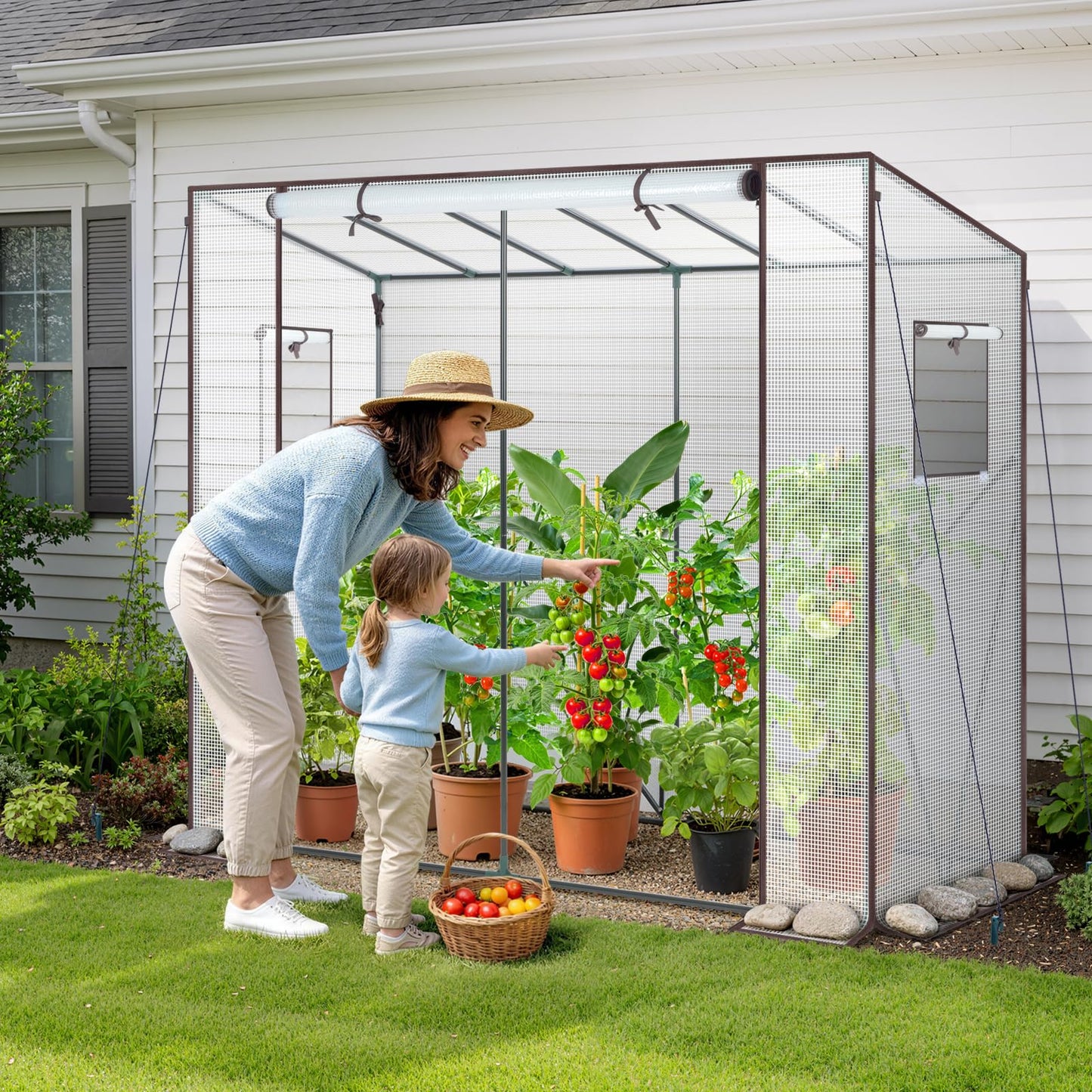 Ohuhu Tomato Greenhouse for Outdoors: Portable Lean to Green House Heavy Duty with Roll-Up Zippered Door, Tall Plastic Greenhouses for Outside Plants Growing Shed Tent for Backyard, 6.6x2.5x5.6 FT