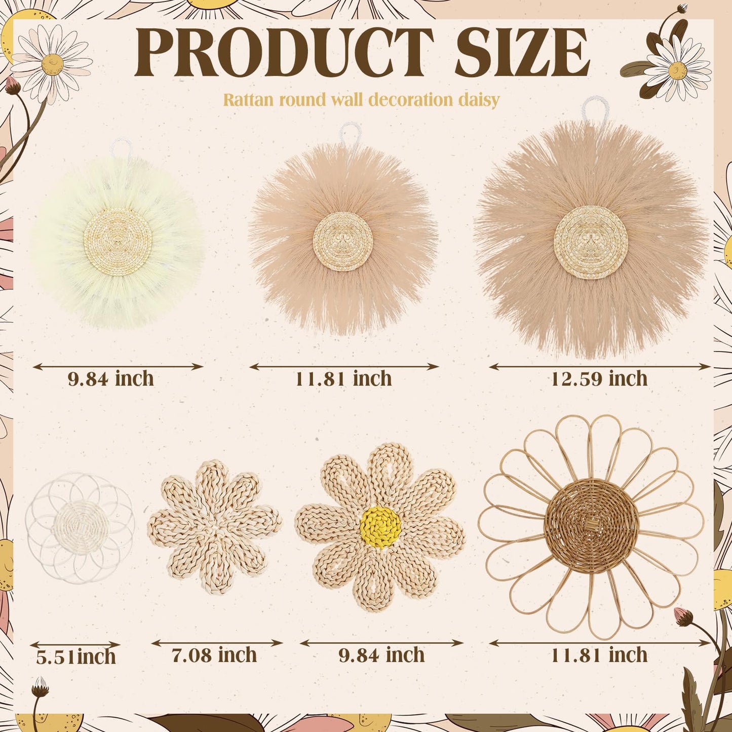 Chunful 7 Pcs Boho Wall Basket Decor Rattan Flower Wall Decor Nursery Daisy Flower Woven Macrame Hanging Flowers for Baby Kids Girls Farmhouse Bedrooms Living Rooms Kitchen Home(Light Beige Yellow)