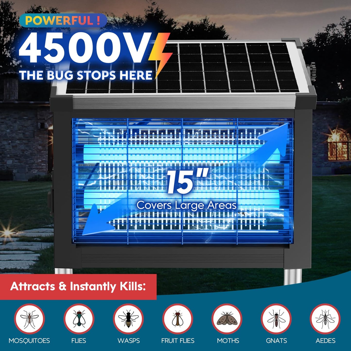 Solar Bug Zapper Outdoor, PhatroyYee Mosquito Zapper 4500V, Waterproof Portable Fly Zapper, Rechargeable Electric Mosquito Killer, Cordless Fly Insect Mosquitos Trap for Patio Yard Home Garden Camping