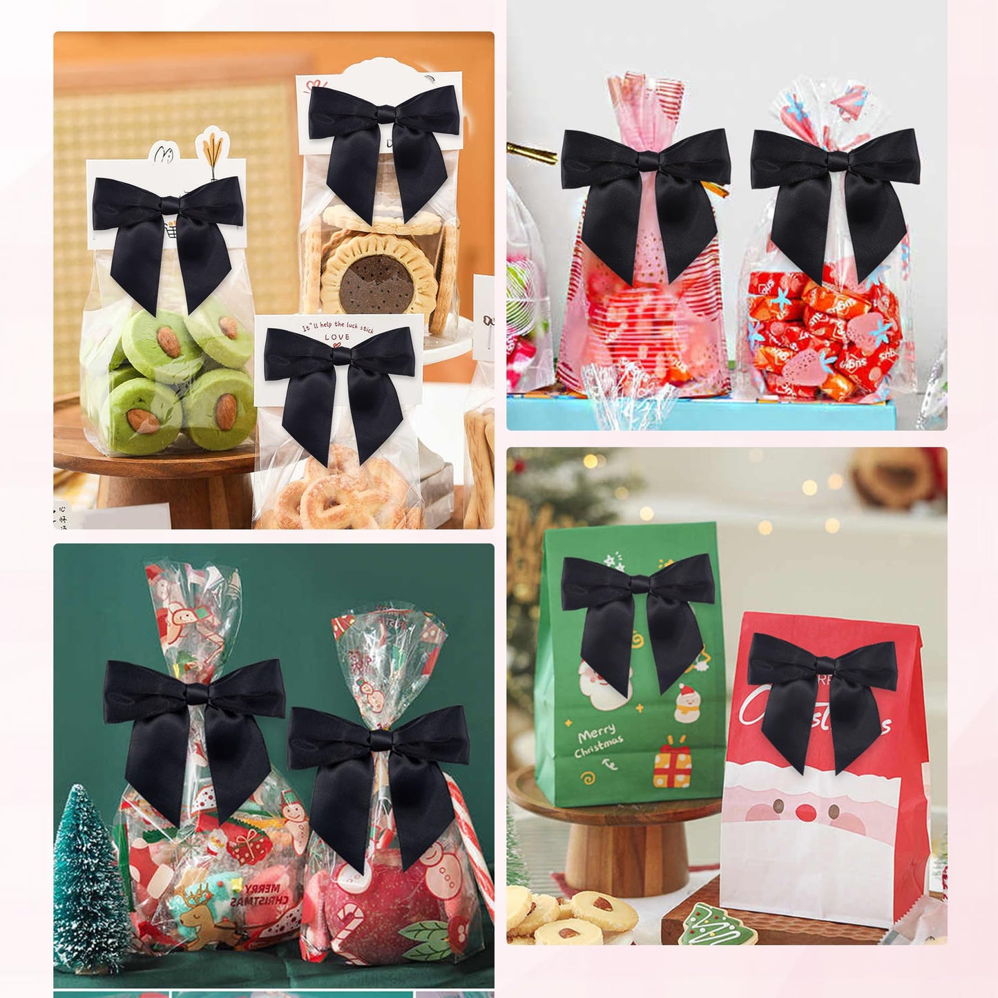 Oecoel 50Pcs 4.5in Satin Ribbon Bows with Clear Twist Ties Pre-Tied Decorative Bows for Present Wrapping, Treat Bags & Party Favors(Black)