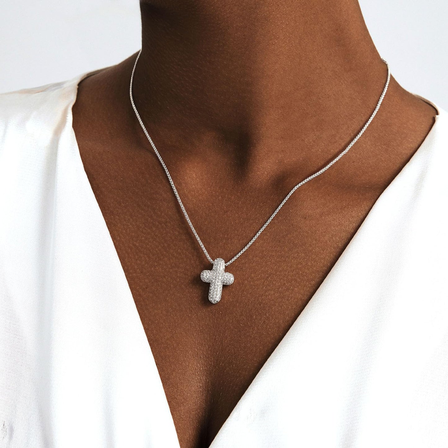 OGD Cross Necklace for Women 925 Silver Plated Dainty Cross Chain Pendant Trendy CZ Diamond Crucifix Charm Bubble Necklace Non Tarnish Hypoallergenic Faith Choker Religious Gifts for Women