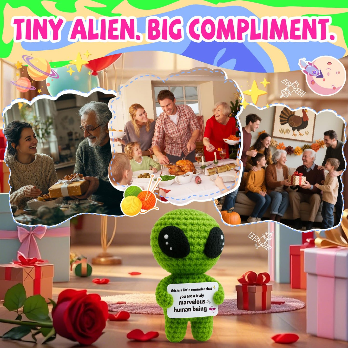 Galentines Day Positive Appreciation Gifts for Women Men Friends - Valentine's Emotional Positive Support Funny Gag Crochet Alien Plush Pickle Birthday for Her Him Stuffers Offcie Decoration