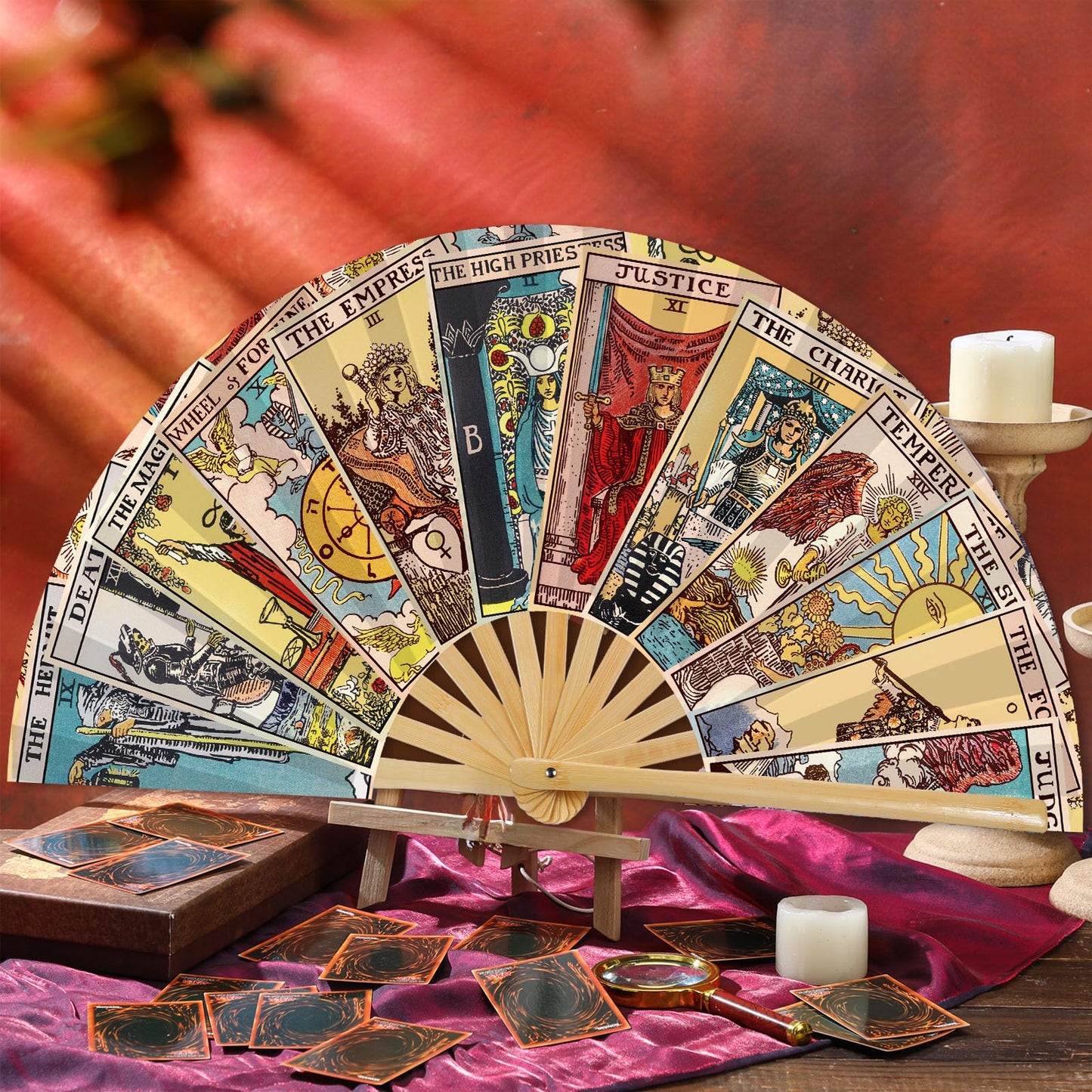 Weysat Tarot Card Hand Fan Rave Fan Fortune Teller Decor Oversized Folding Bamboo Witchy Gifts for Women Gypsy Cosplay EDM Music Gala Festival Mystic Accessories(Classic)