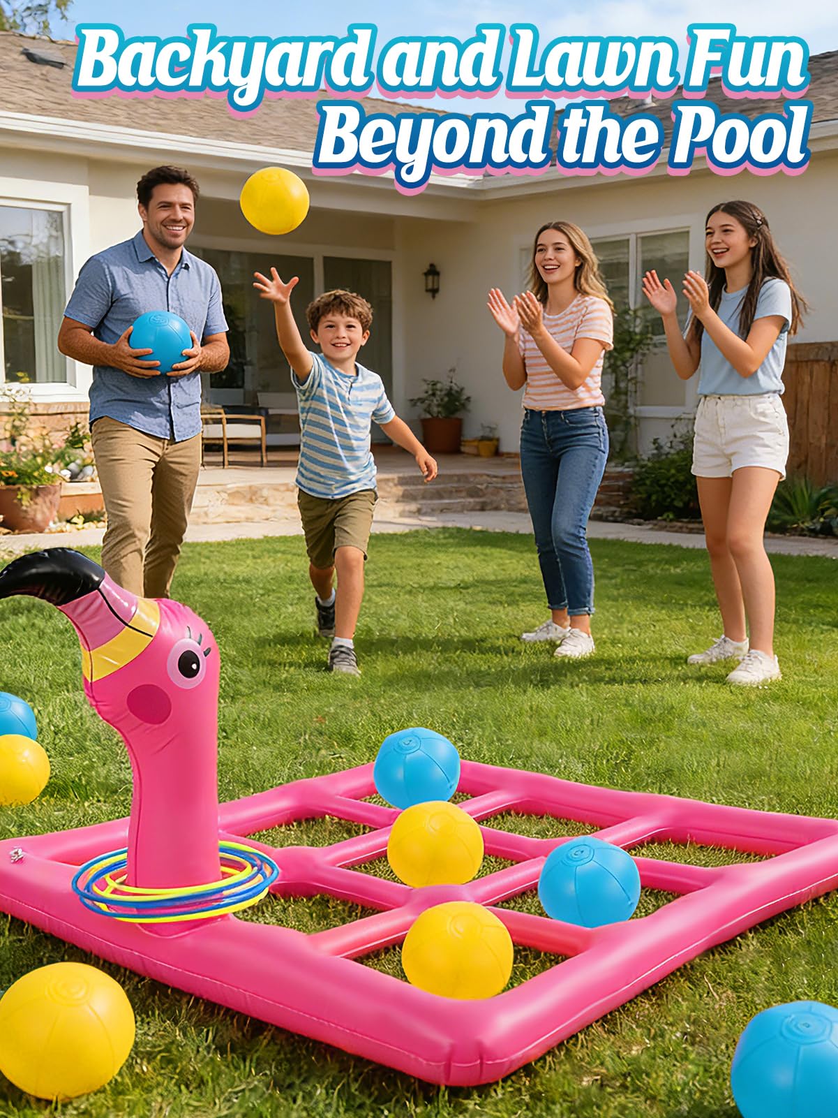 MADHOLLY 2 in 1 Pool Games Set for 2-10 Players - Inflatable Tic-Tac-Toe & Flamingo Ring Toss with 10 Balls & 6 Rings, Outdoor Summer Beach Yard Toys for Family, Adults, Kids