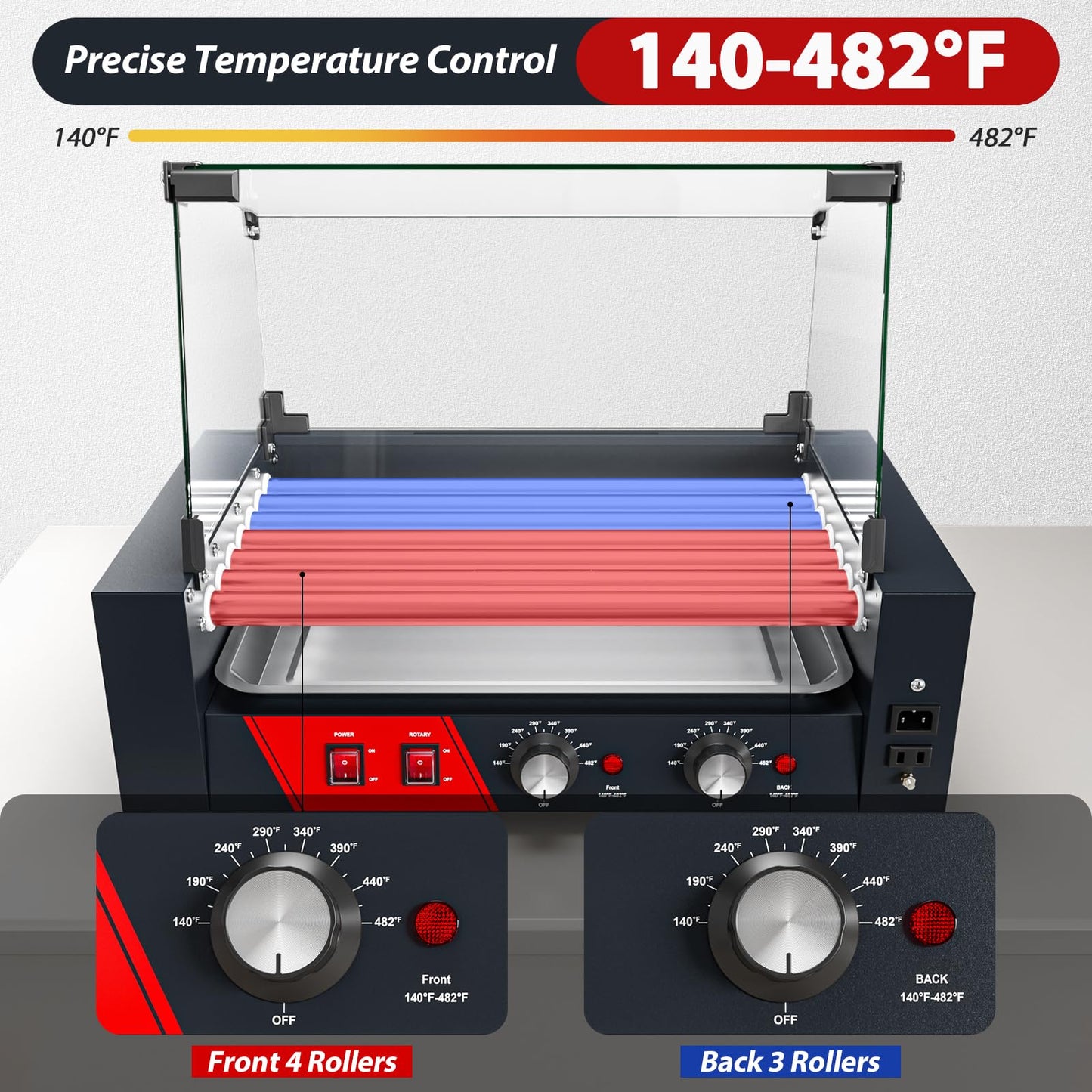 Baotree Commercial Hot Dog Rollers, 7 Rollers 18-24 Hot Dogs Capacity, 1000W Stainless Steel Hot Dog Griller with Dual Controls, Glass Cover, Removable Tray for Commercial and Party