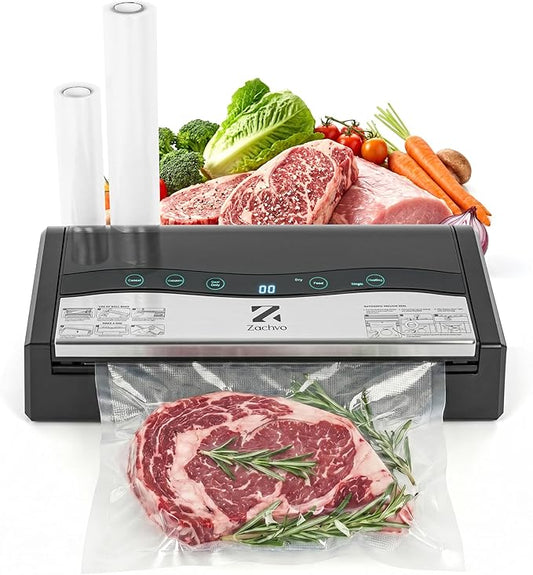 90kPa 10-in-1 Vacuum Sealer for Food, Double Heat Seal for for Bulk Meat Portioning, Dry & Moist Modes, Built-in Cutter and Bag Storage, Starter Kit with Bag Rolls and Hose, Black